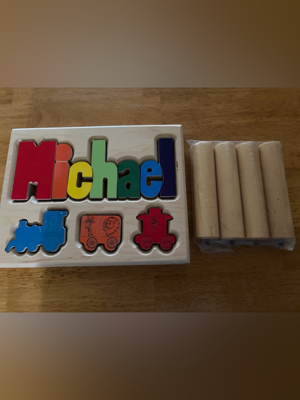 Wood Name Stool-Michael-Puzzle with Train insert Multicolor Letter & Vehicle Set
